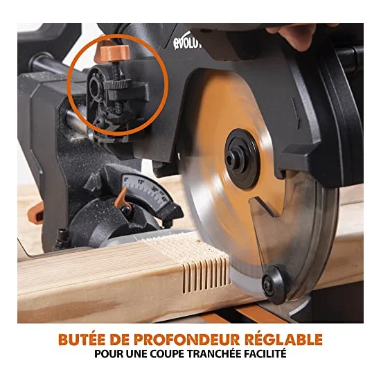 Autre vue de la scie à onglet Evolution Power Tools R185CMS-Li